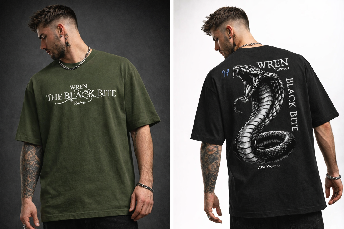 Two views of a person wearing a green t-shirt with 'Wren The Black Bite' text on the front and a black t-shirt with a snake design on the back.